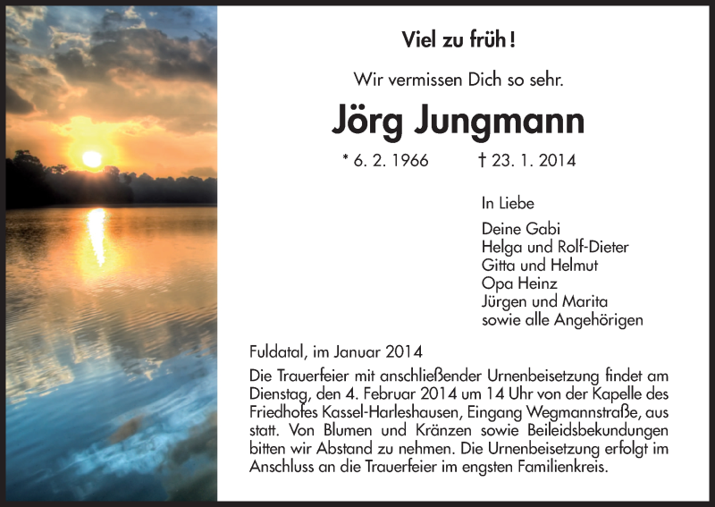 Traueranzeige für Jörg Jungmann vom 01.02.2014 aus HNA