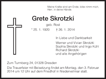 Todesanzeige von Grete Skrotzki von HNA