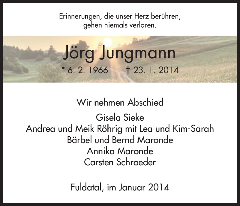  Traueranzeige für Jörg Jungmann vom 01.02.2014 aus HNA