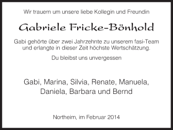 Todesanzeige von Gabriele Fricke-Bönhold von HNA