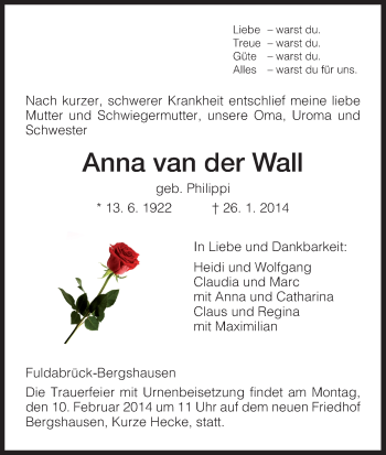 Todesanzeige von Anna van der Wall von HNA