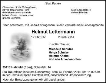 Todesanzeige von Helmut Lettermann von HNA