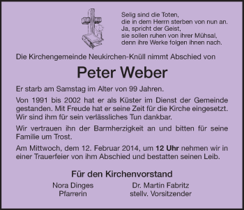 Todesanzeige von Peter Weber von HNA