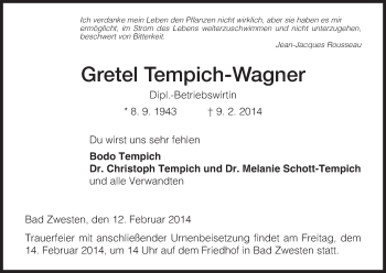 Todesanzeige von Gretel Tempich-Wagner von HNA