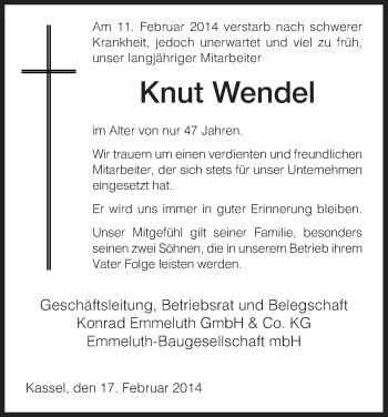 Todesanzeige von Knut Wendel von HNA