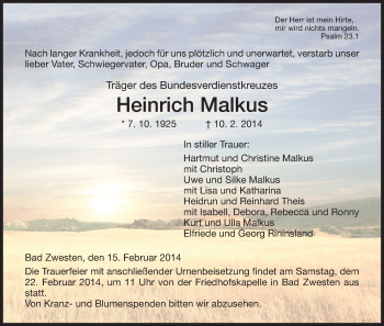 Todesanzeige von Heinrich Malkus von HNA
