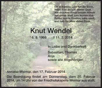 Todesanzeige von Knut Wendel von HNA