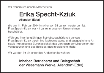 Todesanzeige von Erika Specht-Kziuk von HNA