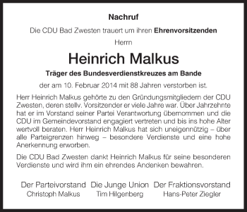 Todesanzeige von Heinrich Malkus von HNA