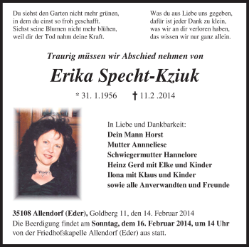Todesanzeige von Erika Specht-Kziuk von HNA
