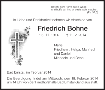 Todesanzeige von Friedrich Bohne von HNA