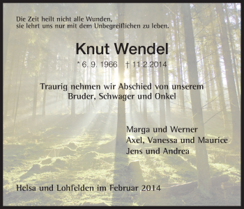 Todesanzeige von Knut Wendel von HNA