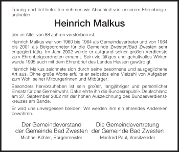 Todesanzeige von Heinrich Malkus von HNA
