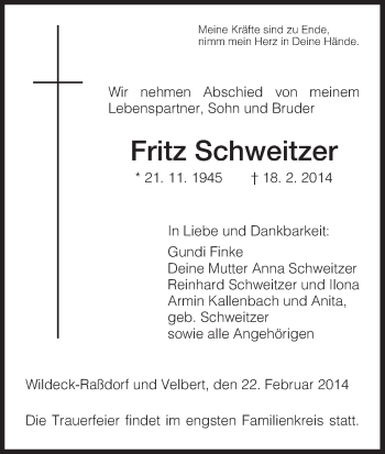 Todesanzeige von Fritz Schweitzer von HNA