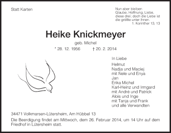 Todesanzeige von Heike Knickmeyer von HNA