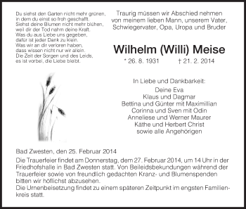 Todesanzeige von Wilhelm Meise von HNA