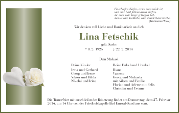 Todesanzeige von Lina Fetschik von HNA