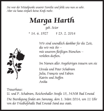 Todesanzeige von Marga Harth von HNA