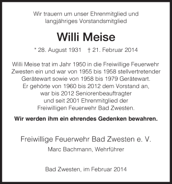 Todesanzeige von Willi Meise von HNA