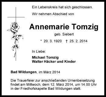 Todesanzeige von Annemarie Tomzig von HNA