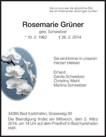 Todesanzeige von Rosemarie Grüner von HNA