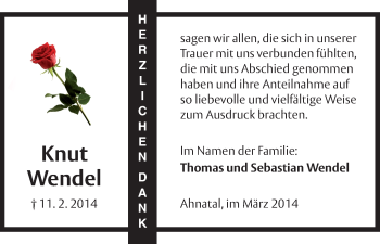 Todesanzeige von Knut Wendel von HNA