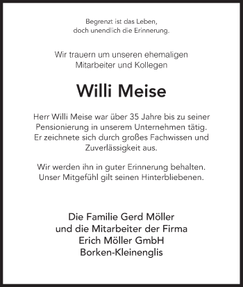 Todesanzeige von Willi Meise von HNA