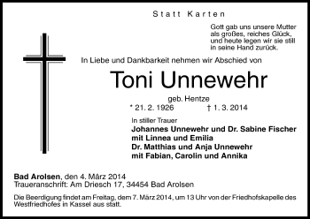Todesanzeige von Toni Unnewehr von HNA