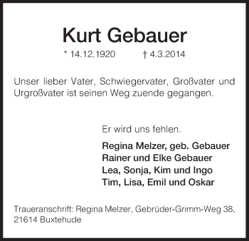 Todesanzeige von Kurt Gebauer von HNA