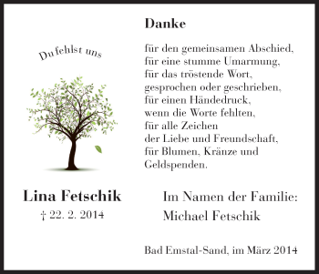 Todesanzeige von Lina Fetschik von HNA