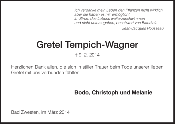 Todesanzeige von Gretel Tempich-Wagner von HNA