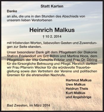 Todesanzeige von Heinrich Malkus von HNA