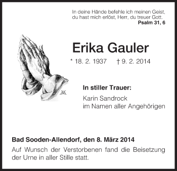 Todesanzeige von Erika Gauler von HNA