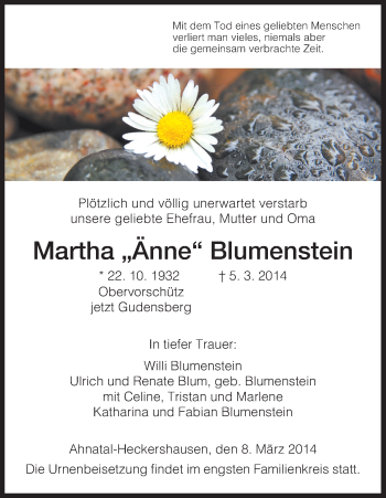 Todesanzeige von Martha Blumenstein von HNA