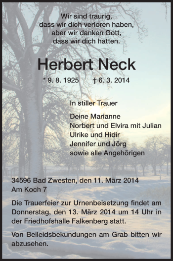 Todesanzeige von Herbert Neck von HNA