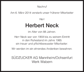 Todesanzeige von Herbert Neck von HNA