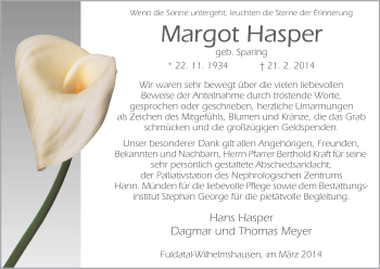 Todesanzeige von Margot Hasper von HNA