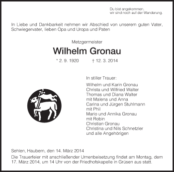 Todesanzeige von Wilhelm Gronau von HNA