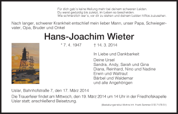 Todesanzeige von Hans-Joachim Wieter von HNA