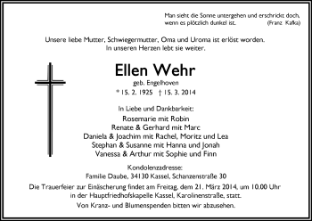 Todesanzeige von Ellen Wehr von HNA
