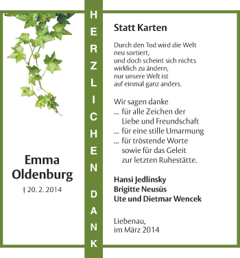 Todesanzeige von Emma Oldenburg von HNA