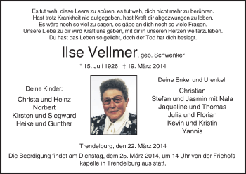 Todesanzeige von Ilse Vellmar von HNA