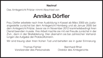 Todesanzeige von Annika Dörfler von HNA