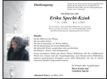 Todesanzeige von Erika Specht-Kziuk von HNA
