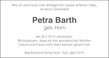 Todesanzeige von Petra Barth von HNA