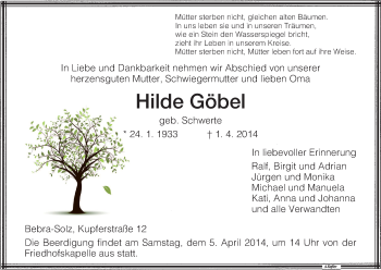 Todesanzeige von Hilde Göbel von HNA