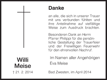 Todesanzeige von Willi Meise von HNA