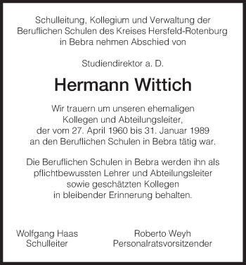 Todesanzeige von Hermann Wittich von HNA
