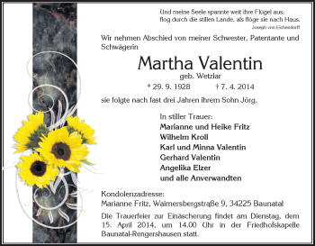 Todesanzeige von Martha Valentin von HNA