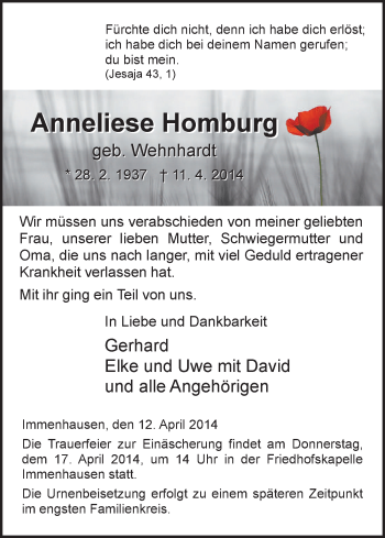 Todesanzeige von Anneliese Homburg von HNA